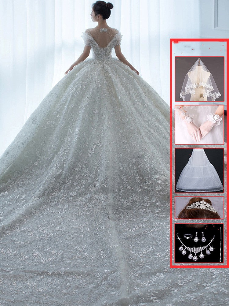 Off-Shoulder French Lace Wedding Dress - Romantic Bridal Gown with Elegant Sleeves