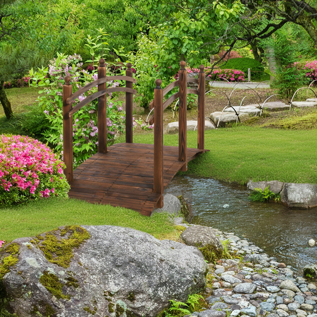 7.5' Fir Wood Garden Bridge Arc Walkway with Side Railings, Perfect for Backyards, Gardens, & Streams, Carbonized
