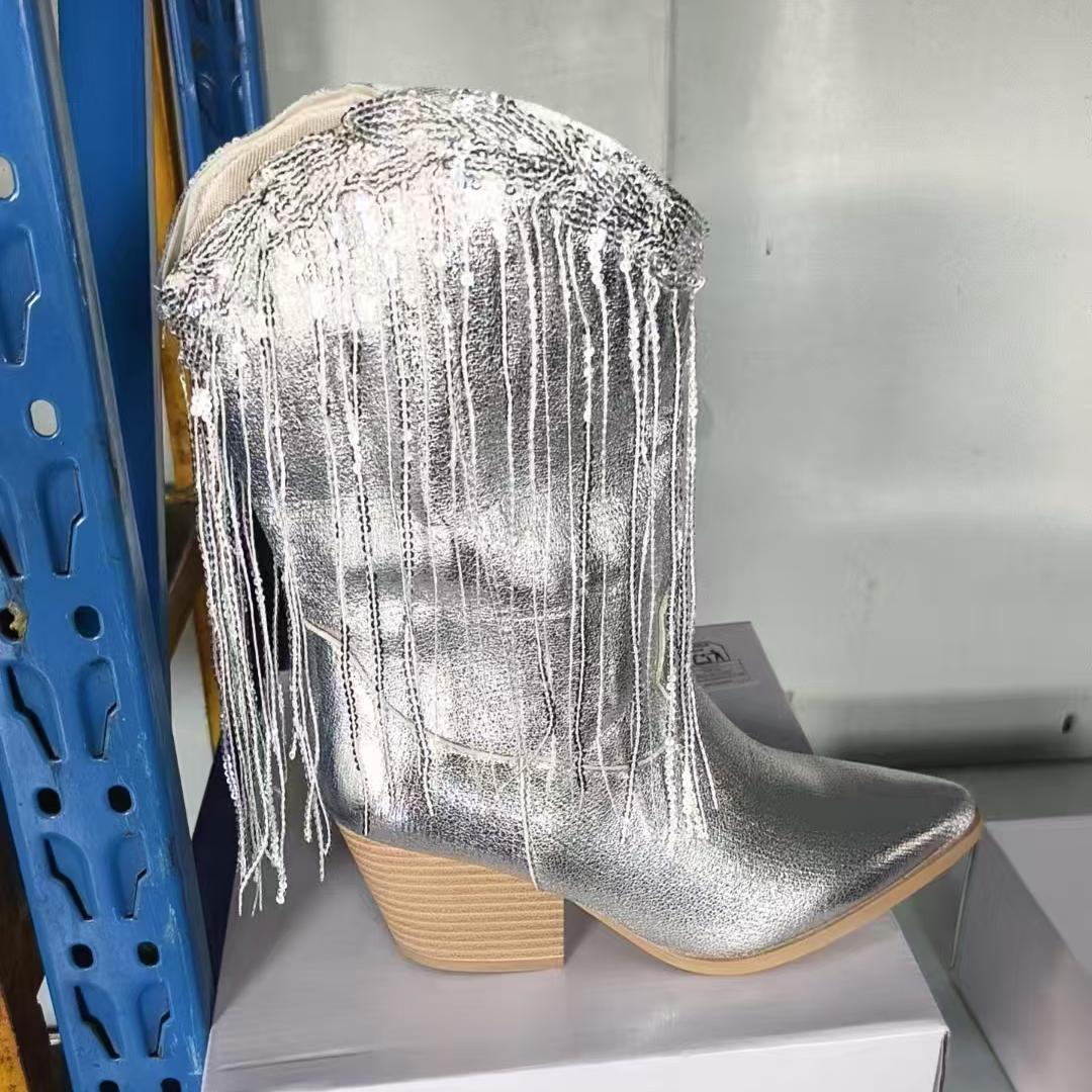 European & American Retro Western Boots for Women — Chunky Heel, Pleated Design, Mid-Fashion Knight Style