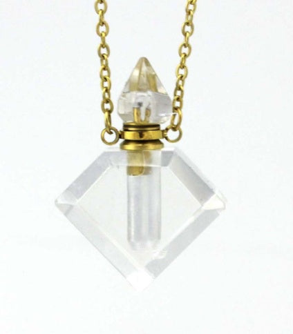 Natural Crystal Perfume Bottle Necklace - Diamond-Shaped Aromatherapy Pendant Jewelry