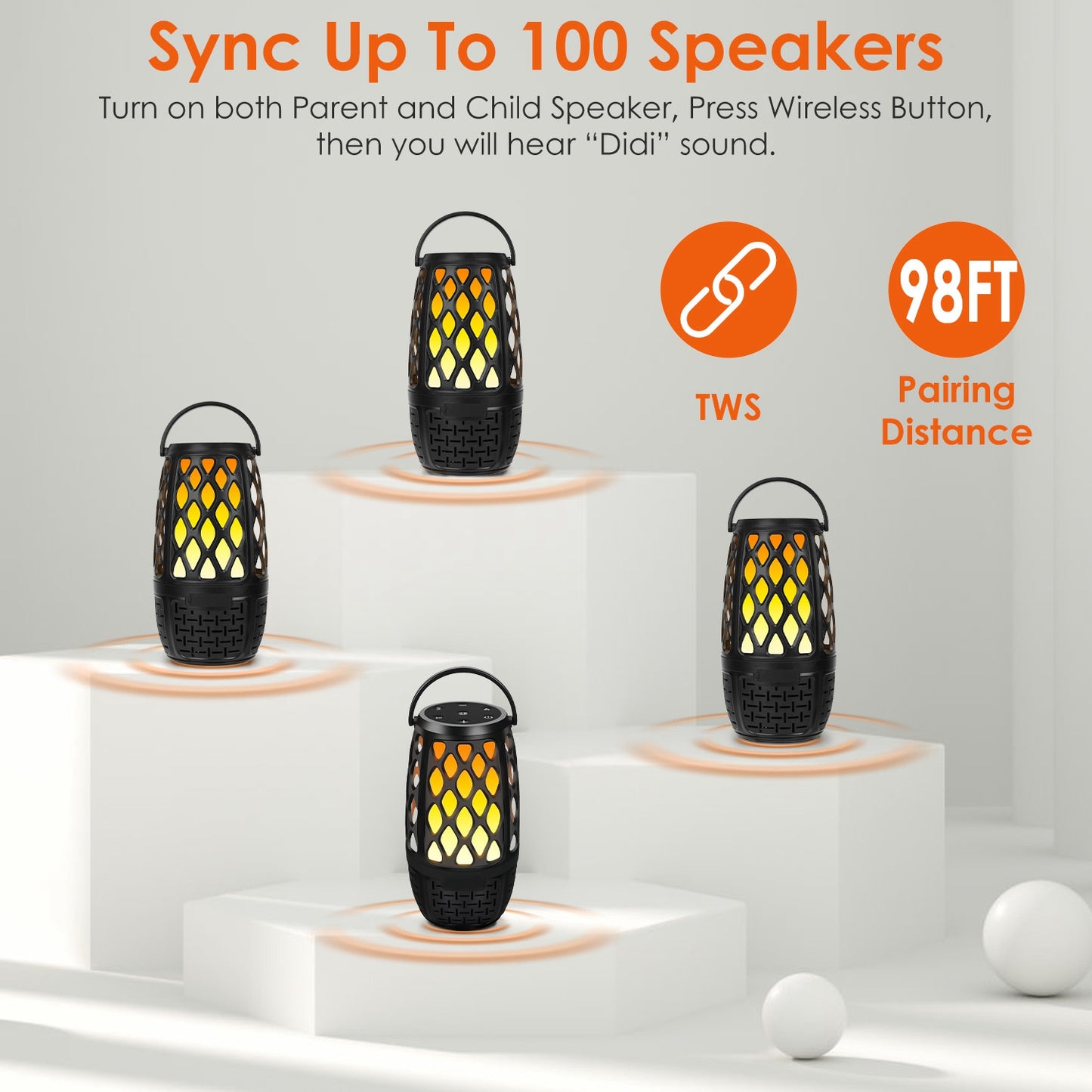 4-in-1 Wireless Bluetooth 5.3 Outdoor LED Flame Speaker – IPX5 Waterproof, Patio & Garden Speaker with 3 Flame Light Modes, Hook, Stake & Wall Mount, Sync Up to 100 Speakers