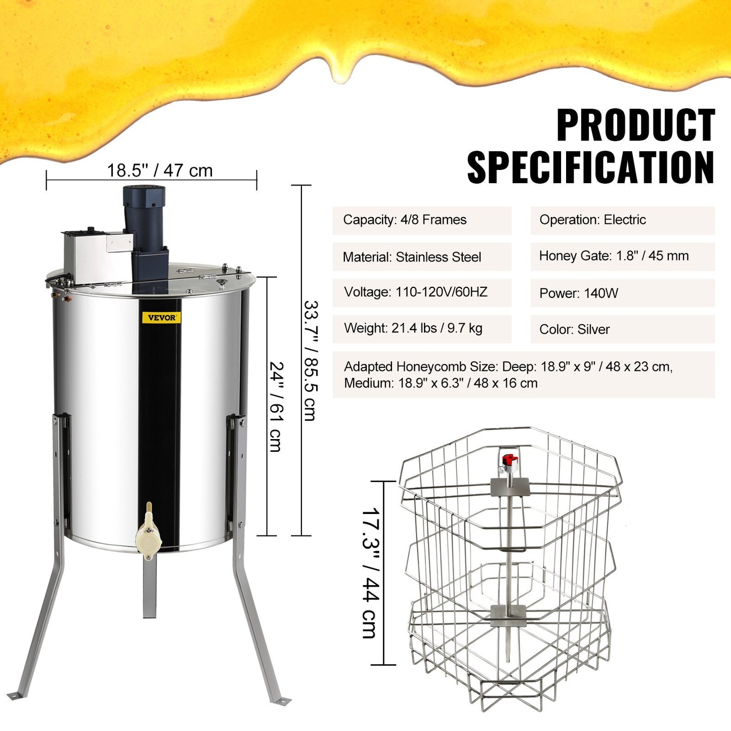 Stainless steel honey extractor with electric operation and 4 or 8 frame capacity in silver finish