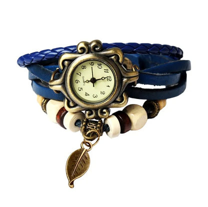 Women's Bohemian Leather Leaf Bracelet Watch – Handwoven Quartz Watch in Blue