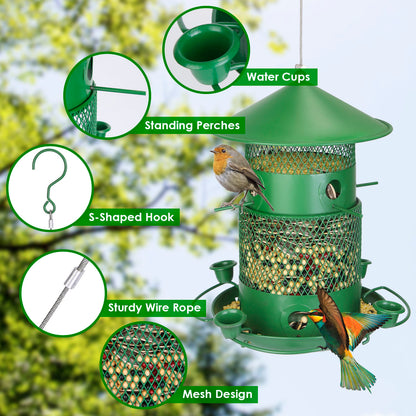 3-Tier Squirrel-Proof Metal Wild Bird Feeder – 360° Perches & Water Cups, Outdoor Hanging
