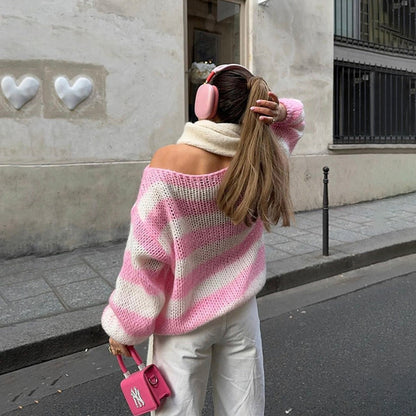 Women's Loose Striped Pullover Sweater, Long Sleeve Knit Top
