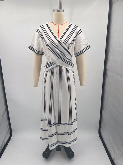 Women's Striped Boho Maxi Dress – V-Neck Short Sleeve A-Line Beach Dress