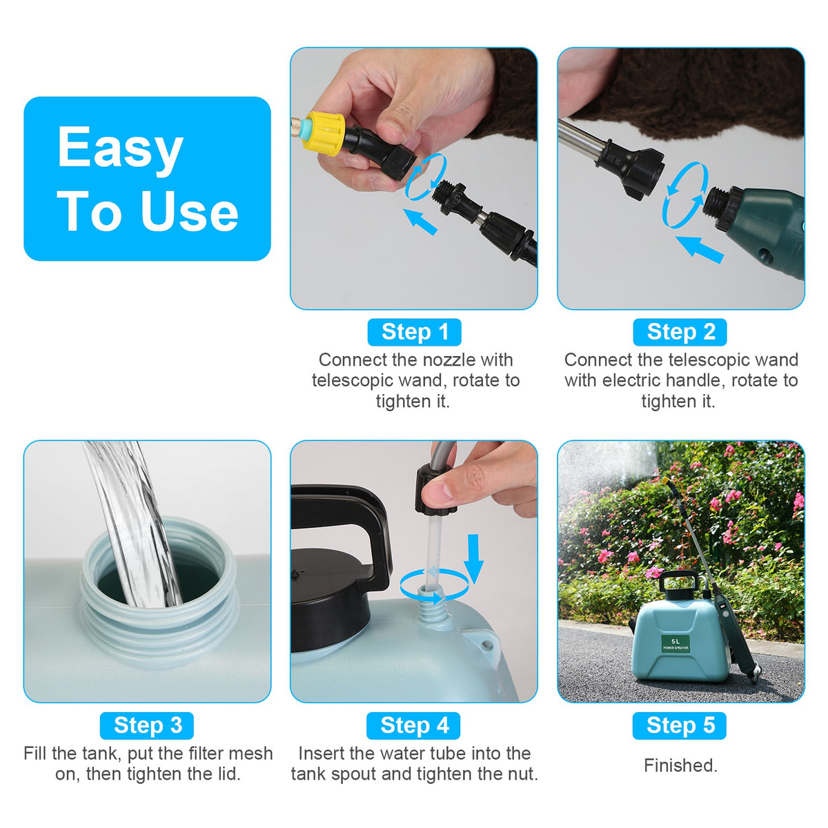 Electric Garden Sprayer – 5L Battery-Powered with Telescopic Wand & 3 Nozzles