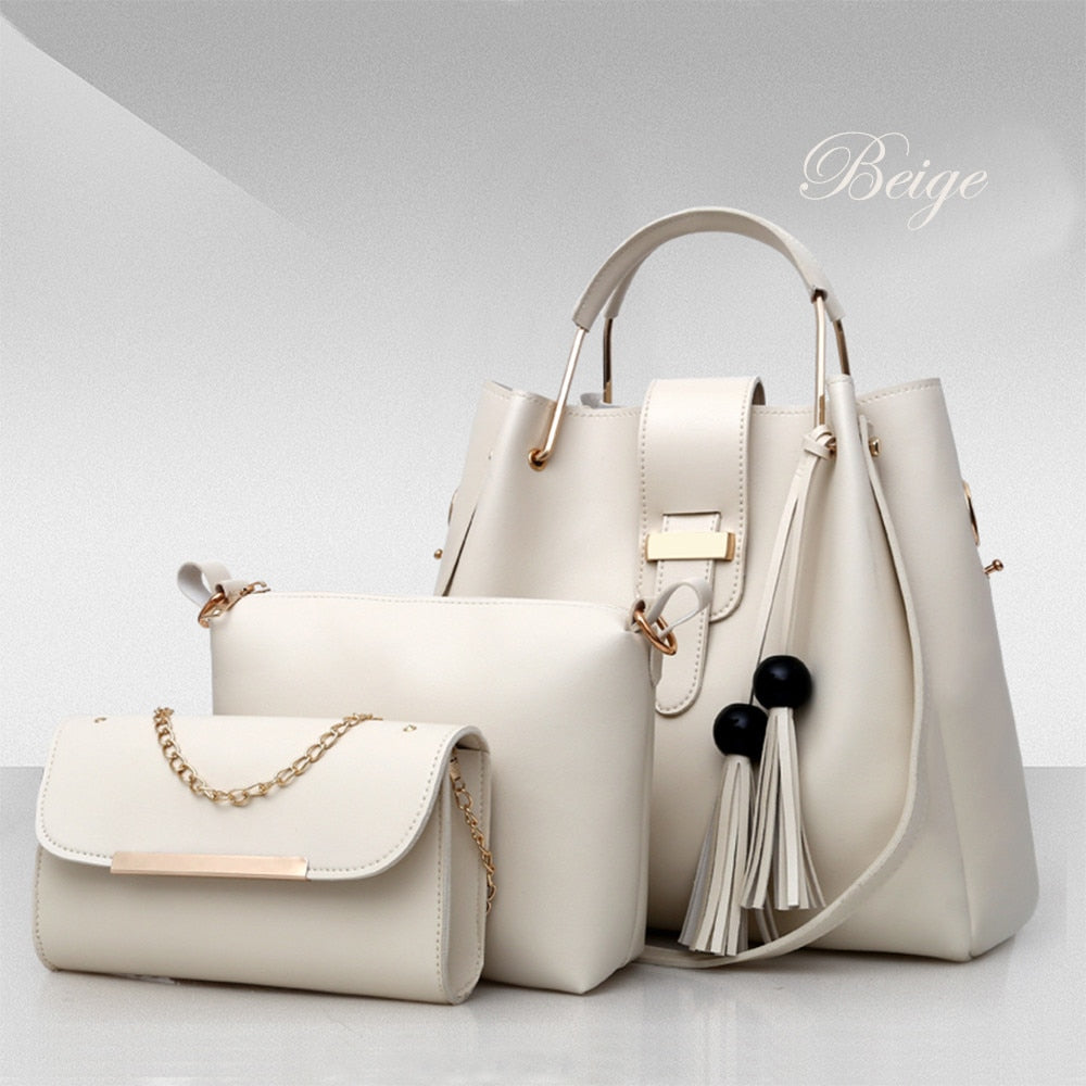 Women's 3-Piece Handbag Set | PU Leather Shoulder Bag, Crossbody & Tote with Tassel
