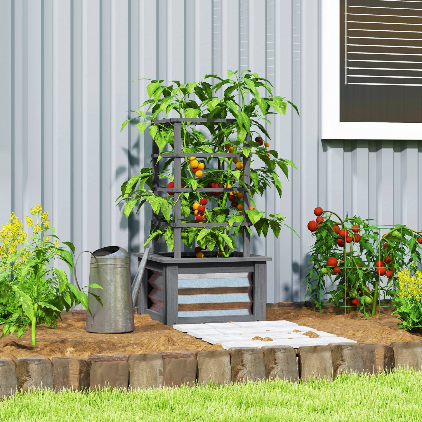 Wooden Raised Garden Bed with Trellis — Galvanized Steel Planter Box for Garden & Patio