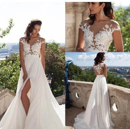 Bohemian Chiffon Wedding Dress with Lace Appliqués