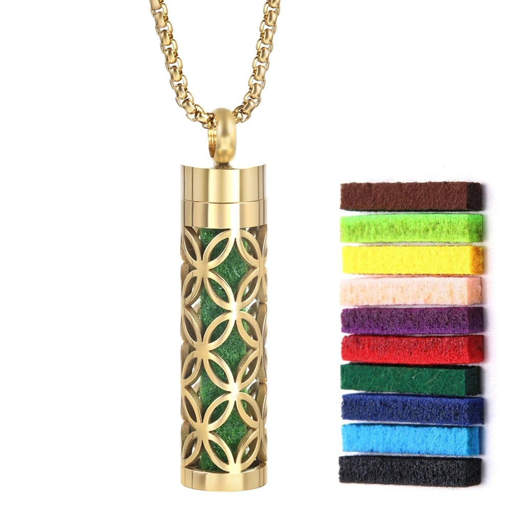 Gold Stainless Steel Aromatherapy Necklace - Cylindrical Hollow Pendant Essential Oil Diffuser