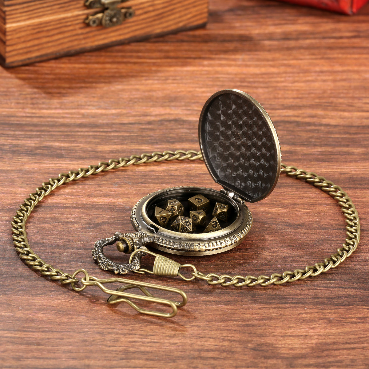 Retro Pocket Watch & 7-Piece DND Metal Dice Set – RPG Gift Bundle