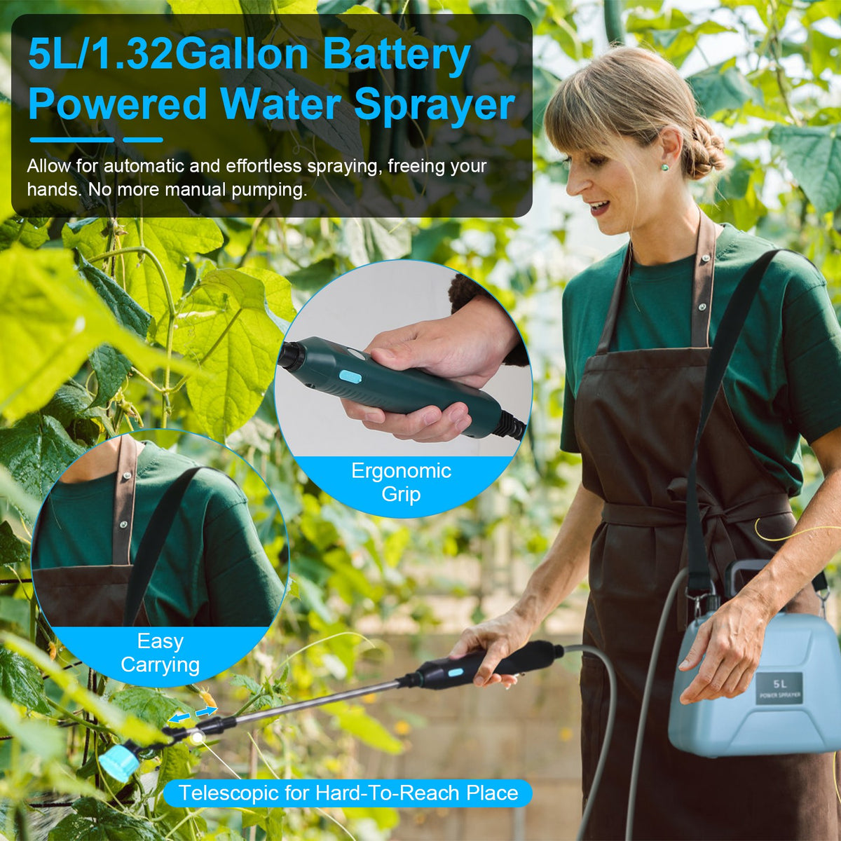 Electric Garden Sprayer – 5L Battery-Powered with Telescopic Wand & 3 Nozzles
