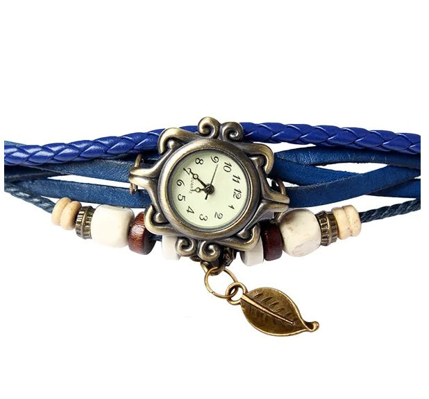 Women's Bohemian Leather Leaf Bracelet Watch – Handwoven Quartz Watch in Blue