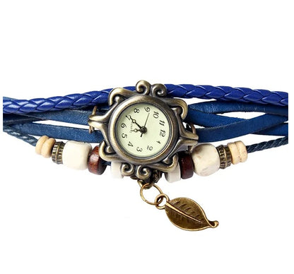 Women's Bohemian Leather Leaf Bracelet Watch – Handwoven Quartz Watch in Blue