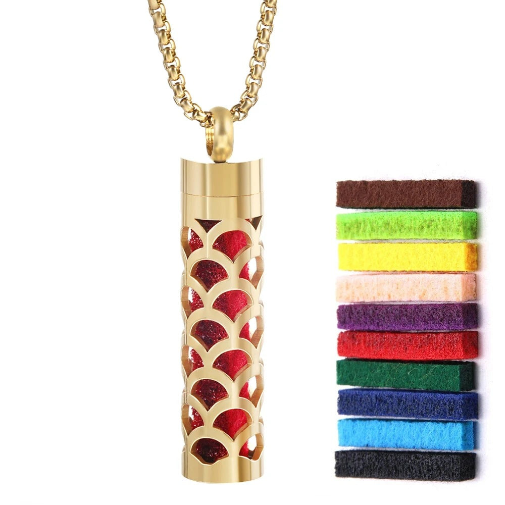 Gold Stainless Steel Aromatherapy Necklace - Cylindrical Hollow Pendant Essential Oil Diffuser