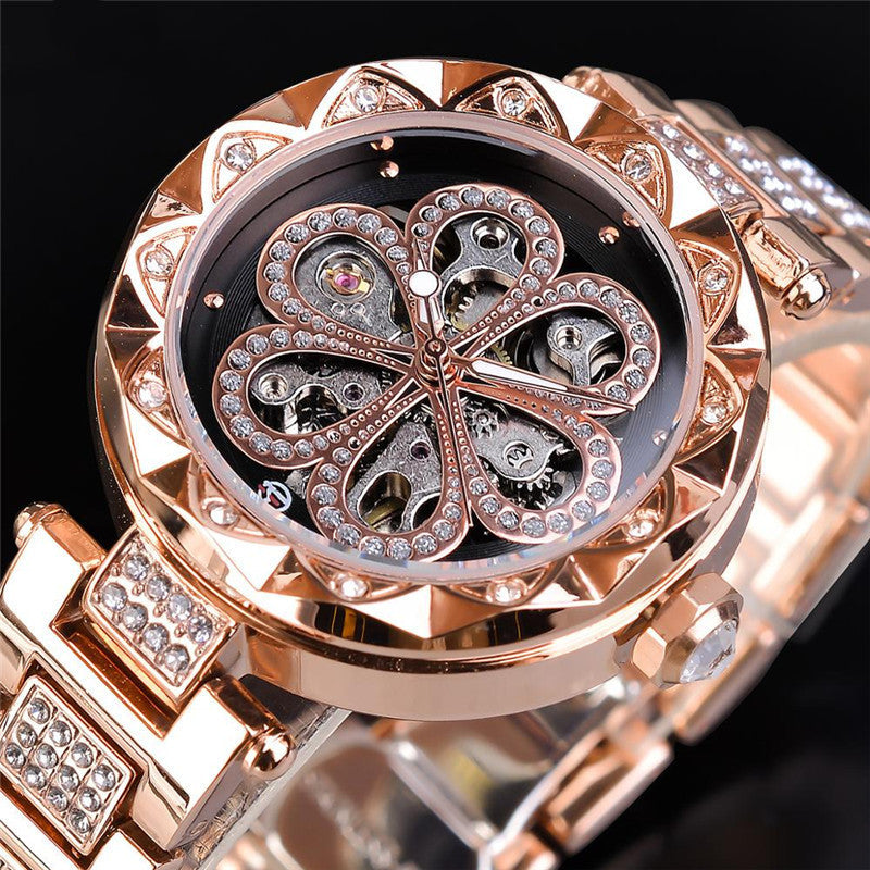 Women's Luxury Mechanical Automatic Watch – Rhinestone Rose Gold Stainless Steel