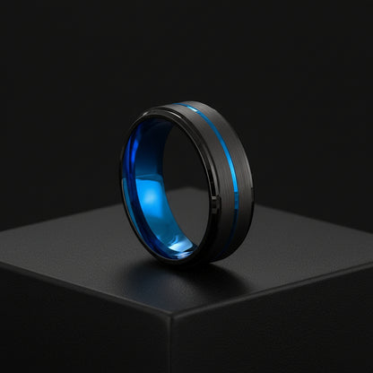Men Jewelry 8Mm Wide Slotted Blue And Black Tungsten Steel Ring Jewelry