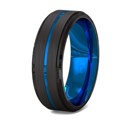 Men Jewelry 8Mm Wide Slotted Blue And Black Tungsten Steel Ring Jewelry