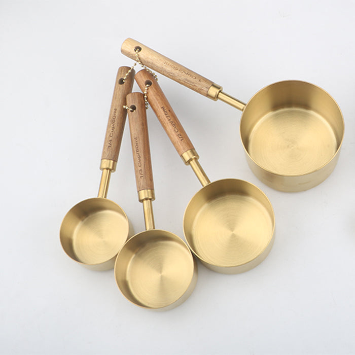 Jiusuo Copper Color Wooden Handle Measuring Spoon Measuring Spoon Four-piece Set of Stainless Steel Measuring Cup Measuring Spoon Measuring Spoon Special for Baking