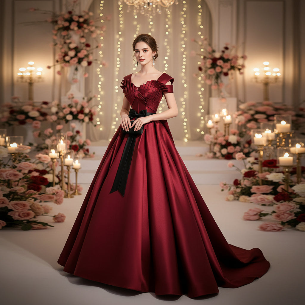 Wine Red Satin Wedding Dress - Elegant Bridal Gown