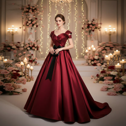 Wine Red Satin Wedding Dress - Elegant Bridal Gown