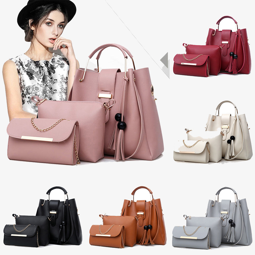 Women's 3-Piece Handbag Set | PU Leather Shoulder Bag, Crossbody & Tote with Tassel