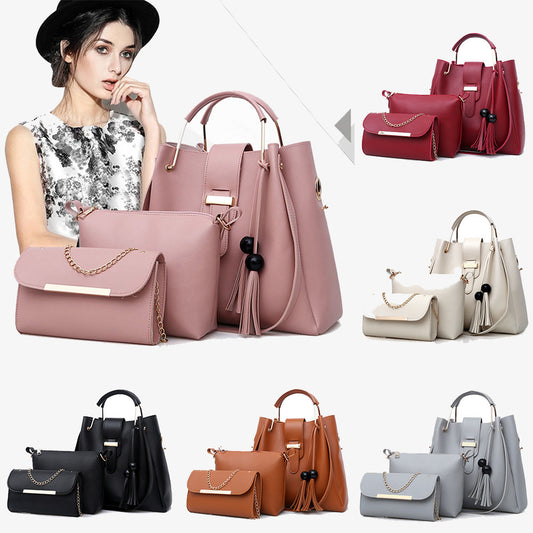 Women's 3-Piece Handbag Set | PU Leather Shoulder Bag, Crossbody & Tote with Tassel