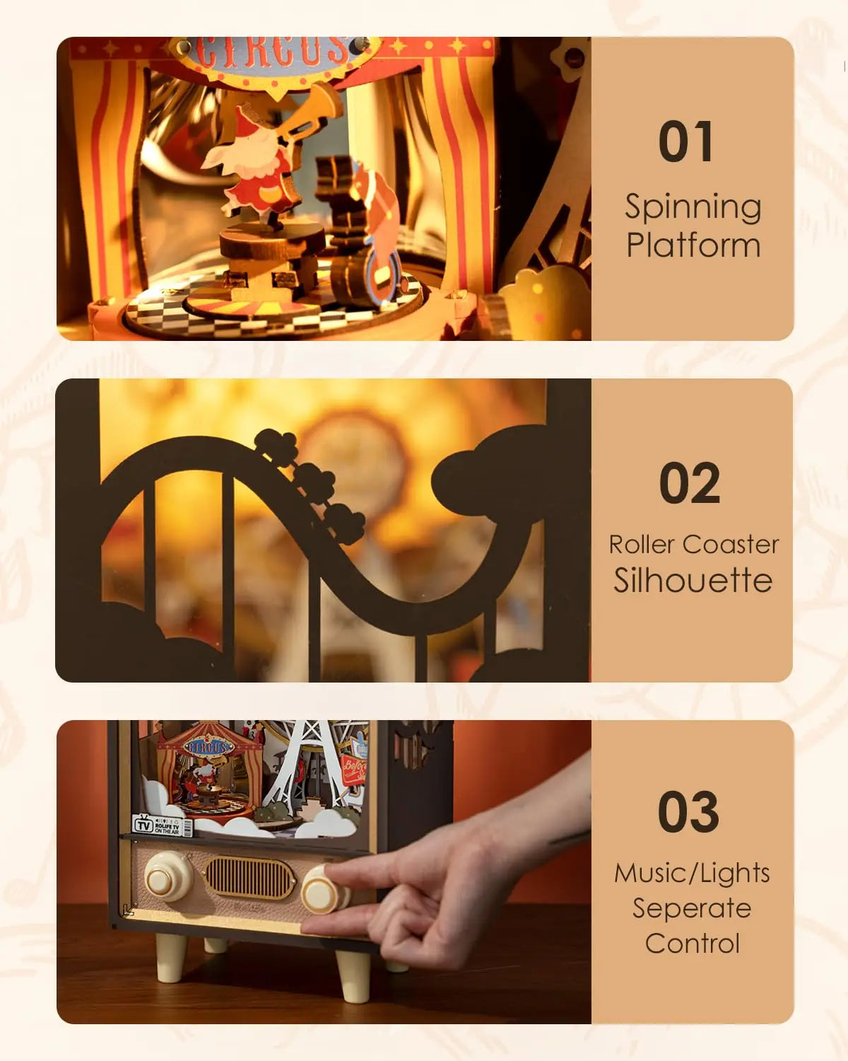 Robotime Rolife Sunset Carnival Music Box – 3D Wooden Puzzle with LED Light & Melody