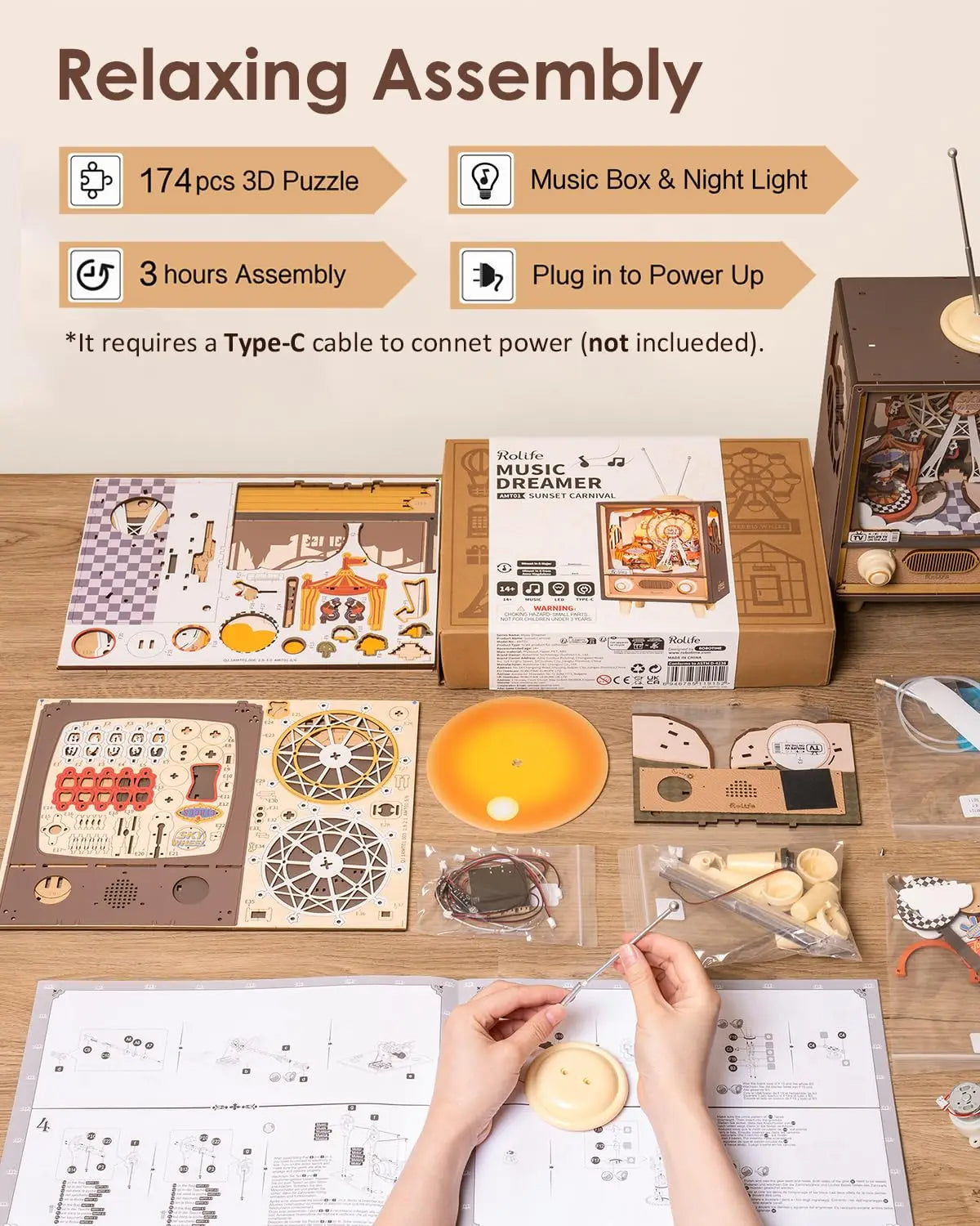 Robotime Rolife Sunset Carnival Music Box – 3D Wooden Puzzle with LED Light & Melody