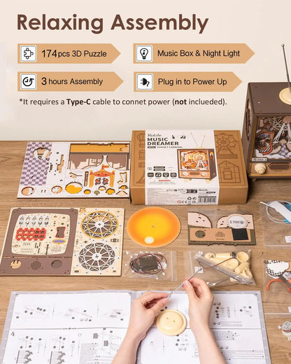 Robotime Rolife Sunset Carnival Music Box – 3D Wooden Puzzle with LED Light & Melody