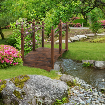7.5' Fir Wood Garden Bridge Arc Walkway with Side Railings, Perfect for Backyards, Gardens, & Streams, Carbonized