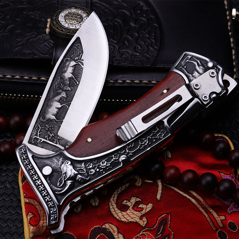 Premium Folding  Knife - 440C Steel Blade with Hardwood Handle & Leather Sheath