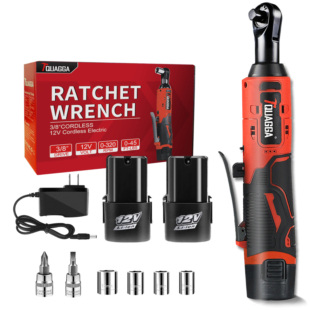 TQUAGGA 12V Cordless Electric Ratchet Wrench Set – 3/8" Drive, 45 ft-lbs