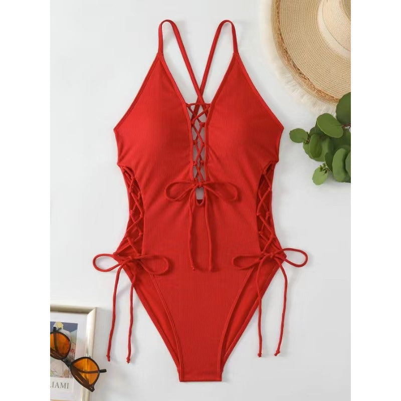 Women's Backless One-Piece Swimsuit – Solid Color Sleeveless Bathing Suit