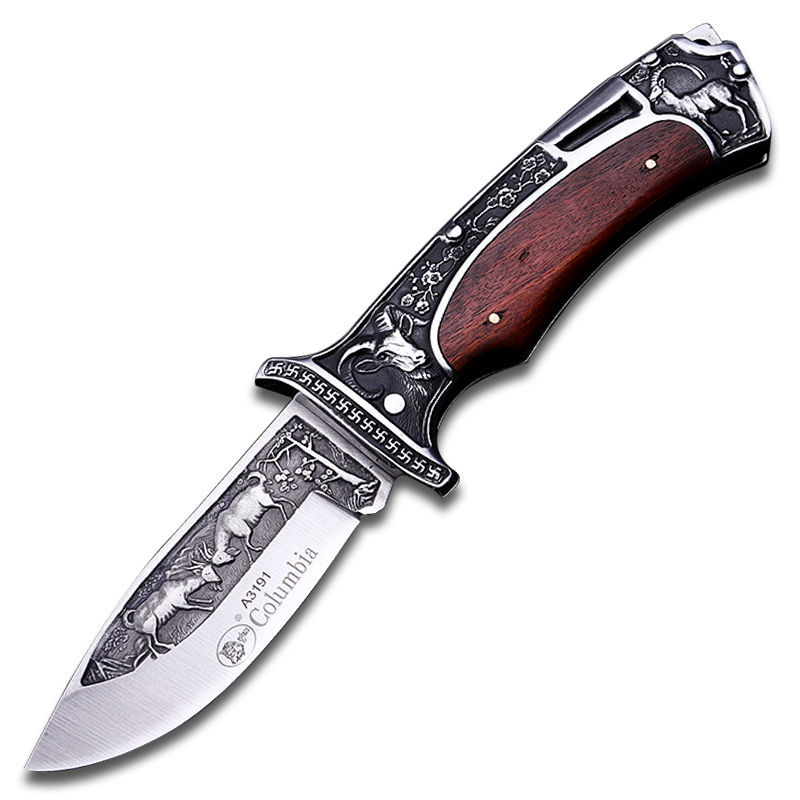 Premium Folding  Knife - 440C Steel Blade with Hardwood Handle & Leather Sheath