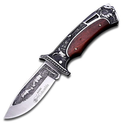 Premium Folding  Knife - 440C Steel Blade with Hardwood Handle & Leather Sheath