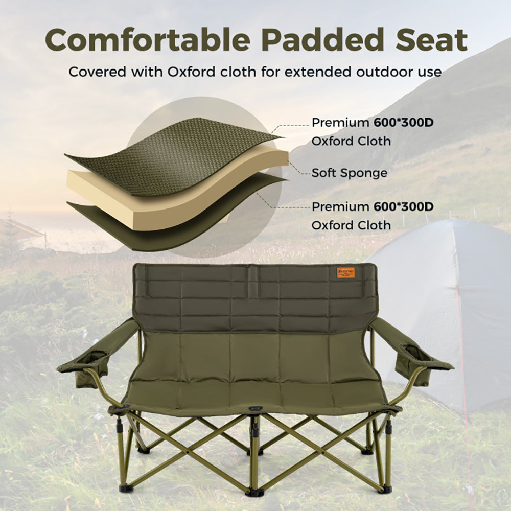 Double Camping Loveseat Chair - Oversized Folding Couch with Cup Holders, 660 lbs Capacity
