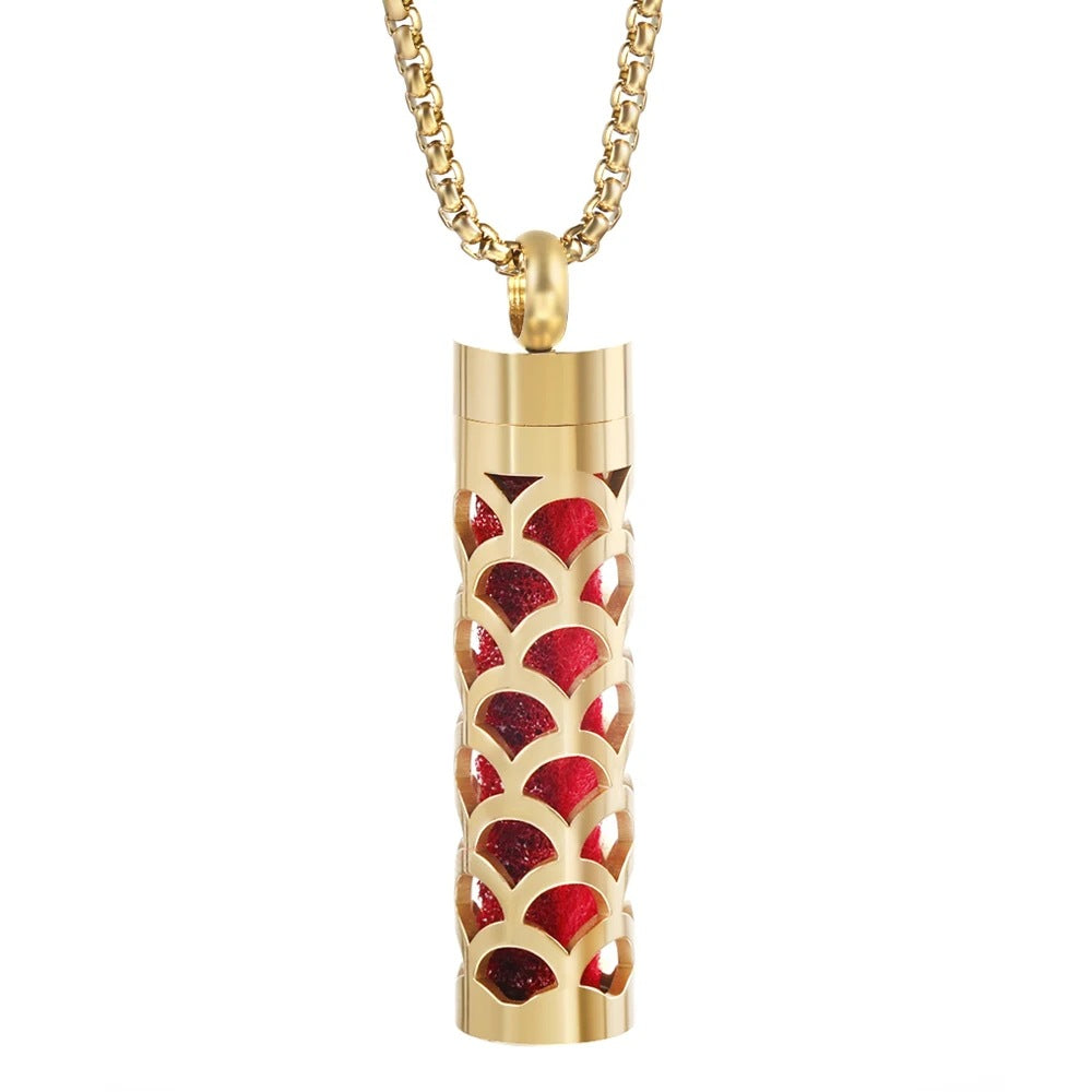 Gold Stainless Steel Aromatherapy Necklace - Cylindrical Hollow Pendant Essential Oil Diffuser