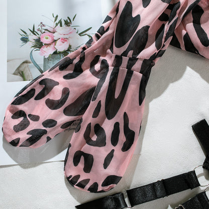 Leopard Print Mesh Lingerie Set with Stockings