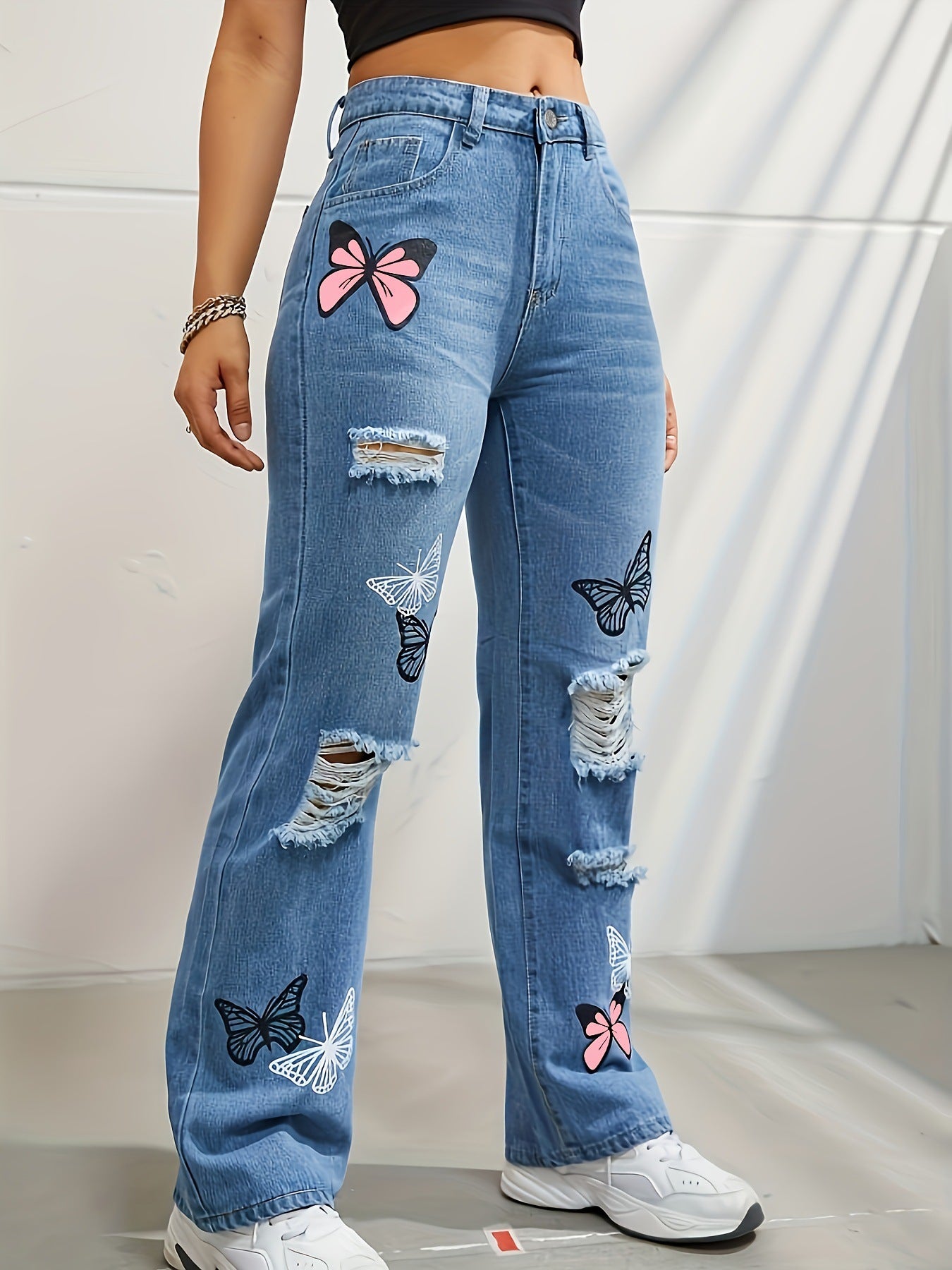 Women's Butterfly Print High Waist Straight Leg Jeans