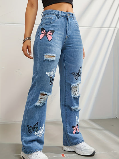 Women's Butterfly Print High Waist Straight Leg Jeans