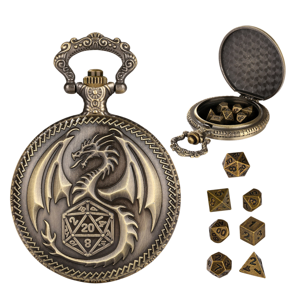 Retro Pocket Watch & 7-Piece DND Metal Dice Set – RPG Gift Bundle