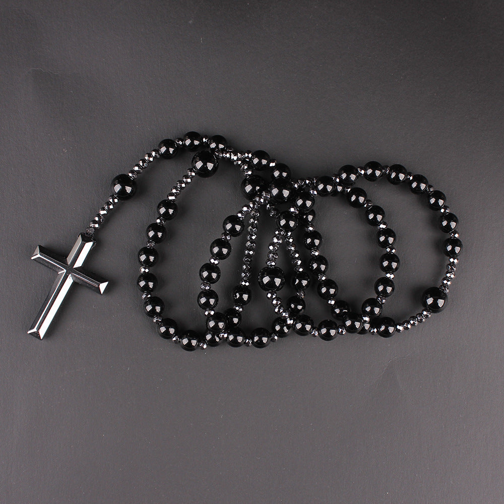Natural Round Beads Long Chain Cross Necklace – Elegant Prayer Jewelry