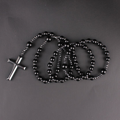 Natural Round Beads Long Chain Cross Necklace – Elegant Prayer Jewelry
