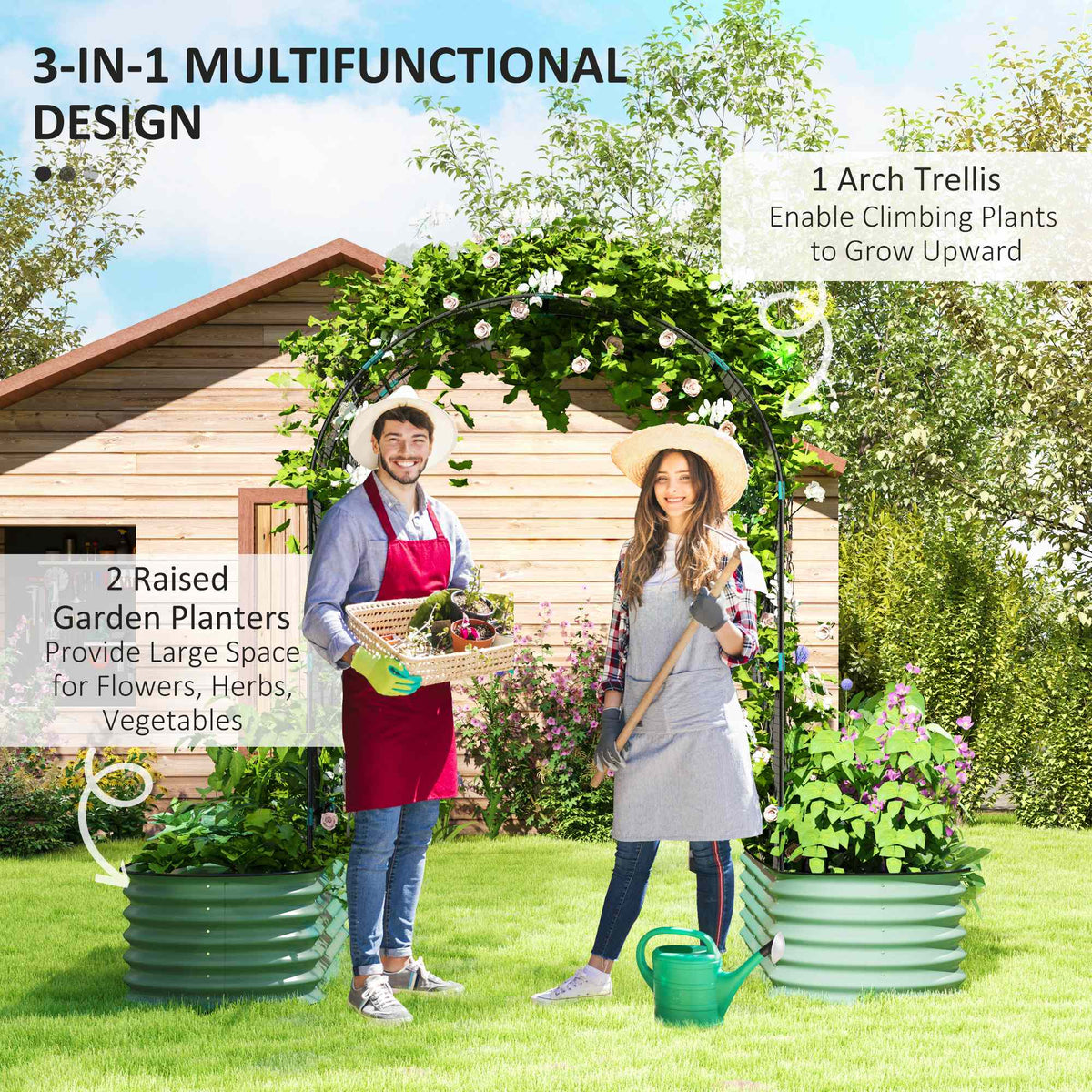 Raised Garden Beds Set with Arch Trellis, Climbing Net, Galvanized Planter Box for Climbing Vegetables Flowers Herbs