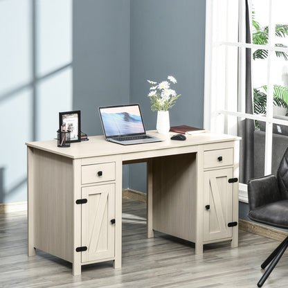 Farmhouse Computer Desk with Storage, Home Office Desk with 2 Drawers and 2 Cabinets, Cream White