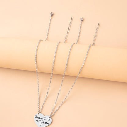2 PCS Love Daughter Mother Puzzle Heart Pendant Necklace Silver Stainless Steel