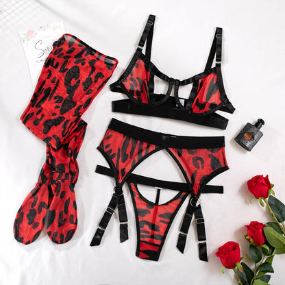 Leopard Print Mesh Lingerie Set with Stockings
