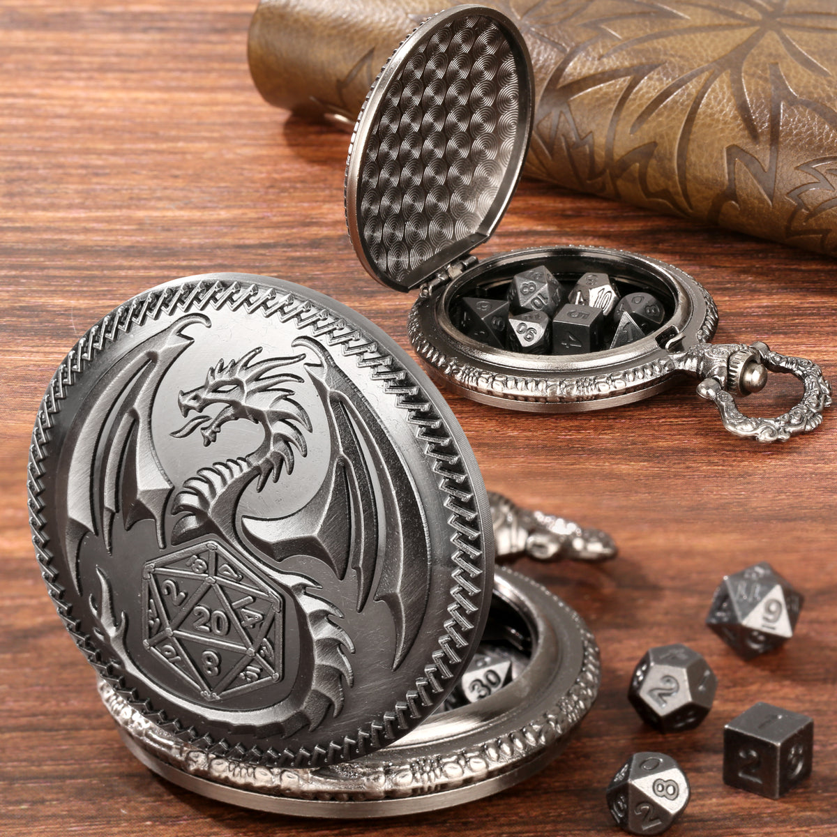 Retro Pocket Watch & 7-Piece DND Metal Dice Set – RPG Gift Bundle